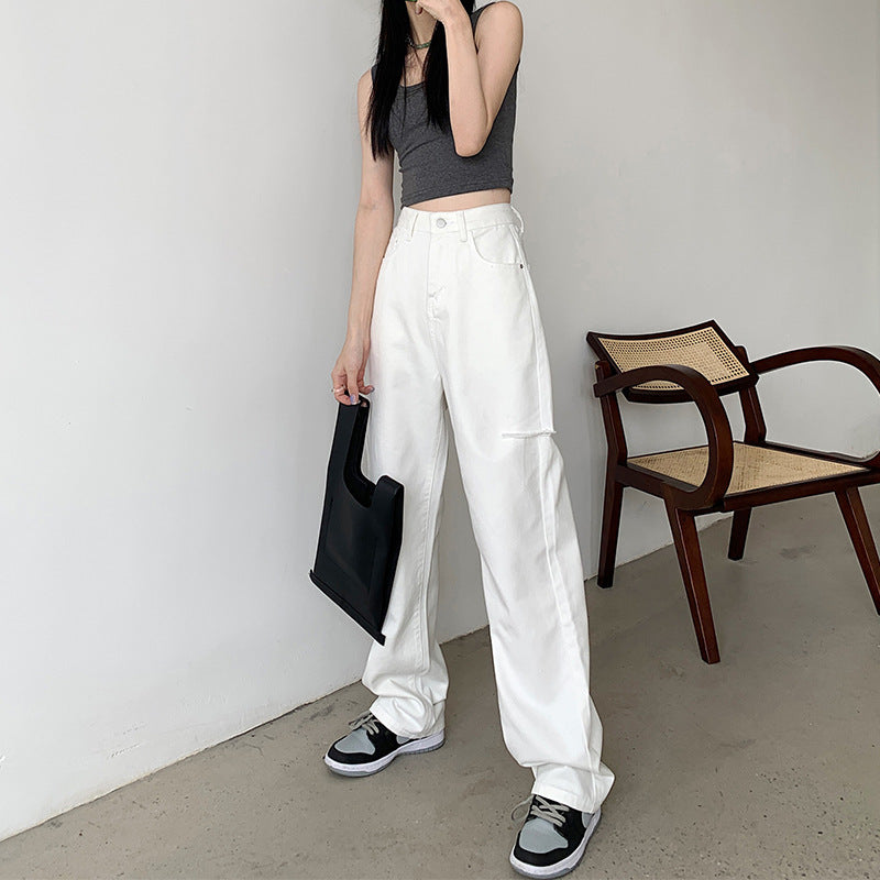 White Straight Cut Jeans Women's Summer New High Waist Slim Loose Drop Wide Leg Floor Pants