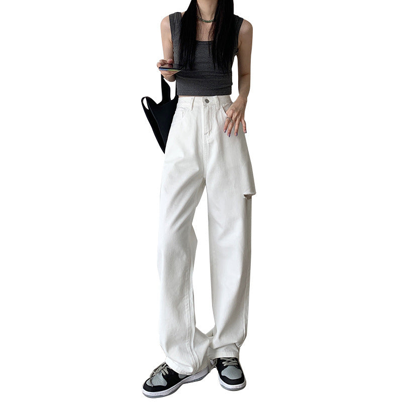 White Straight Cut Jeans Women's Summer New High Waist Slim Loose Drop Wide Leg Floor Pants