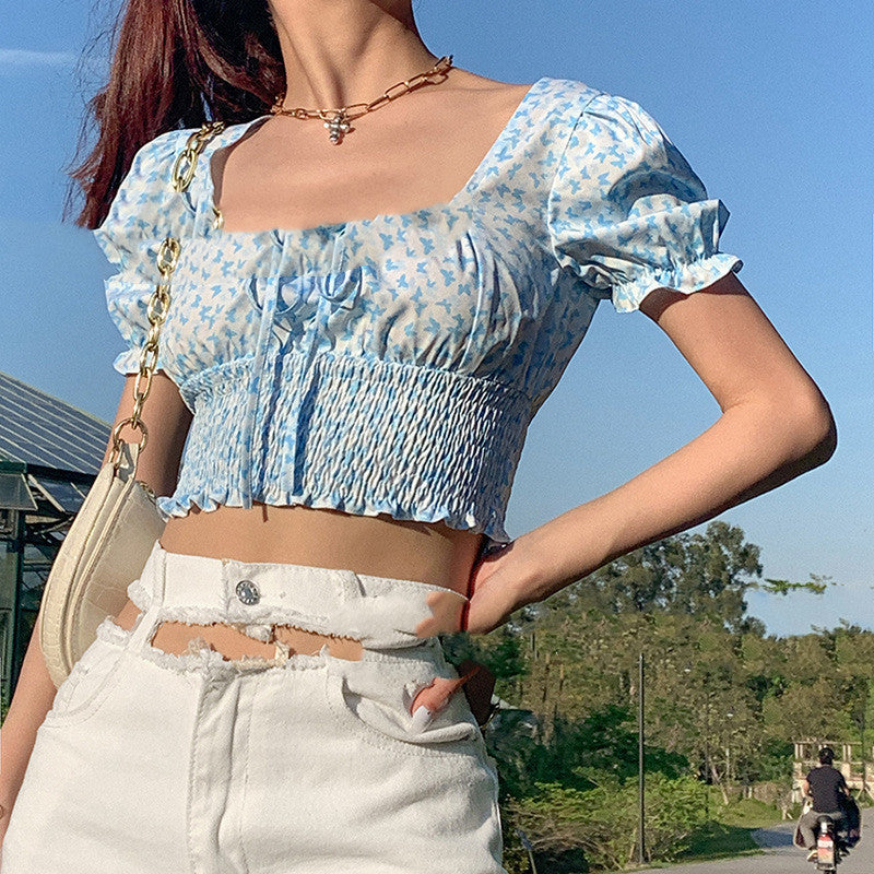 Butterfly Print Square Neckline Sleeve Crop Top