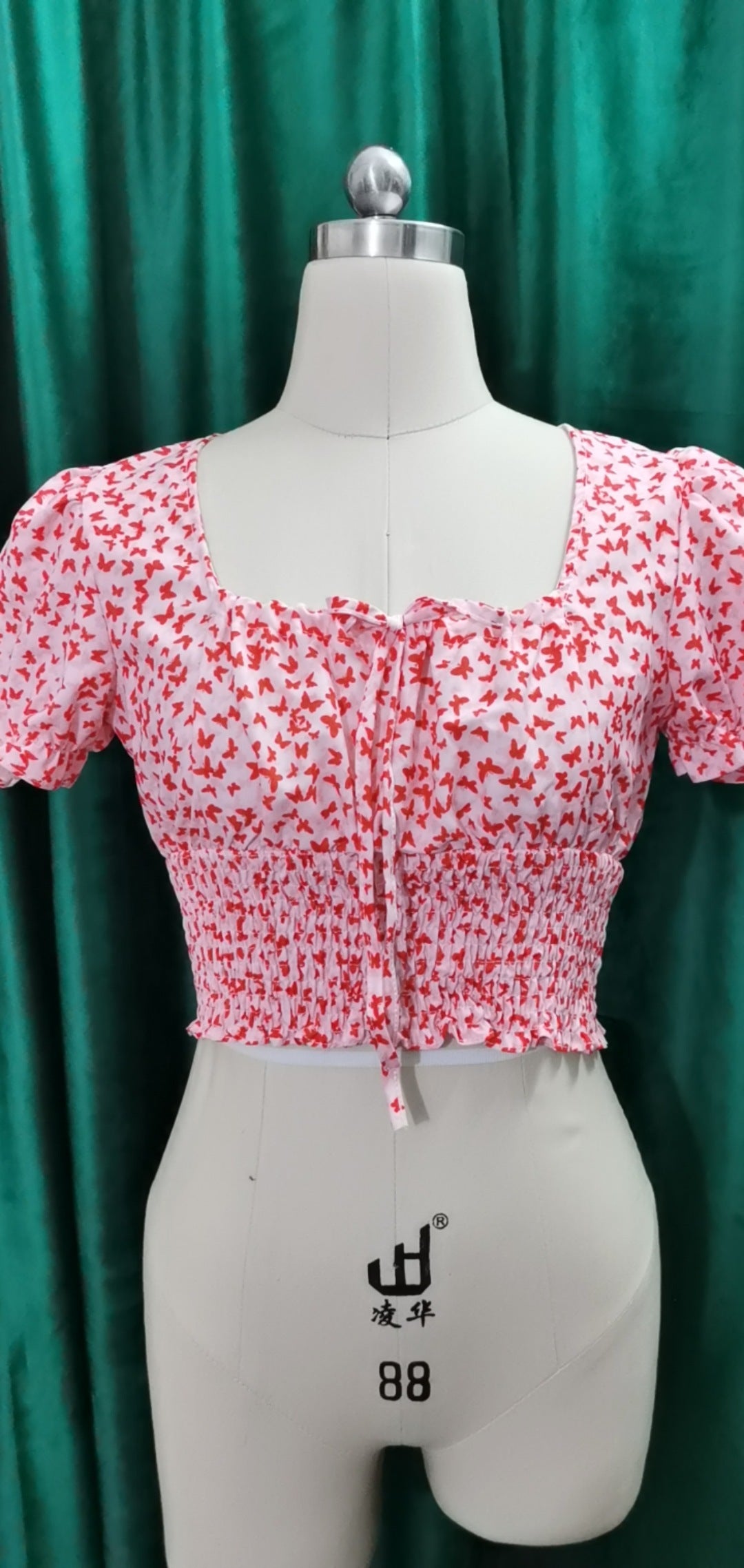 Butterfly Print Square Neckline Sleeve Crop Top