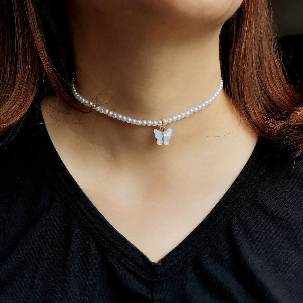 White Pearl Choker Butterfly Necklace For Women
