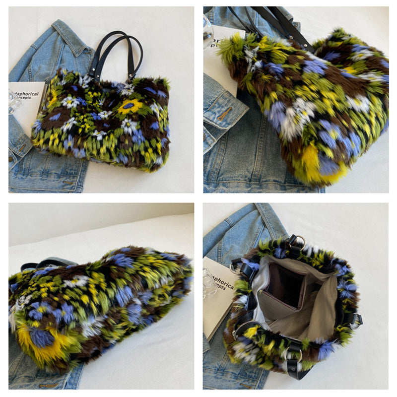 Winter Plush Flowers Shoulder Bag Handbag for Women