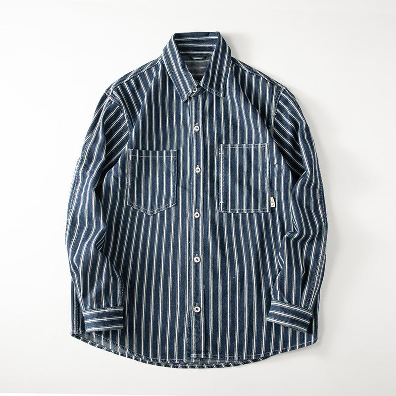 Retro Washed Striped Long Sleeve Denim Shirt