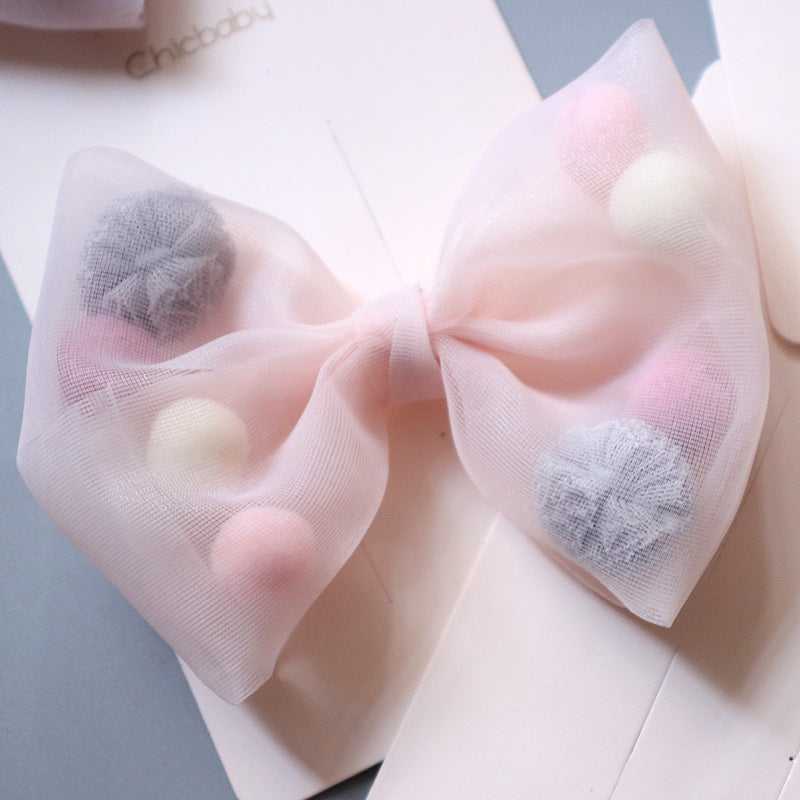 Colored Plush Ball Net Yarn Lace Bow Duckbill Clip Side Clip