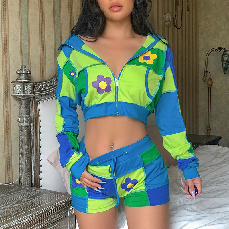 Patchwork Printed Cropped Coat Crop Hoodie