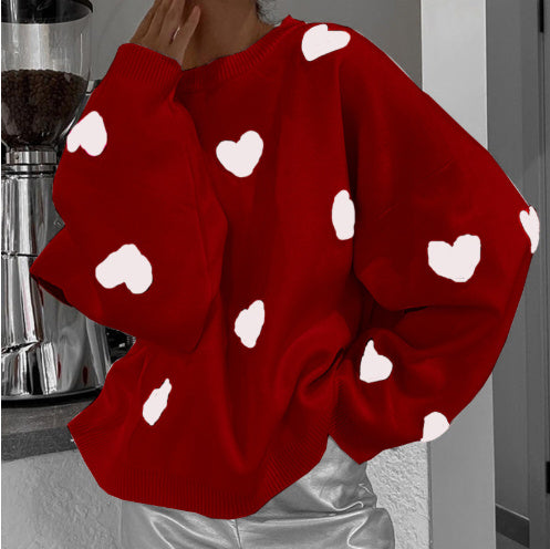 Cute Heart Shape Round Neck Autumn And Winter Loose Casual Top Sweater