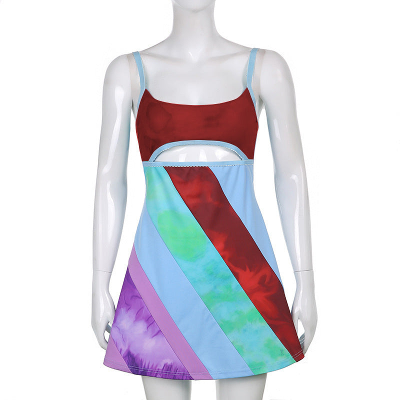 Front Cut Out Stripe Spaghetti Strap Sexy Rave Party Dresses