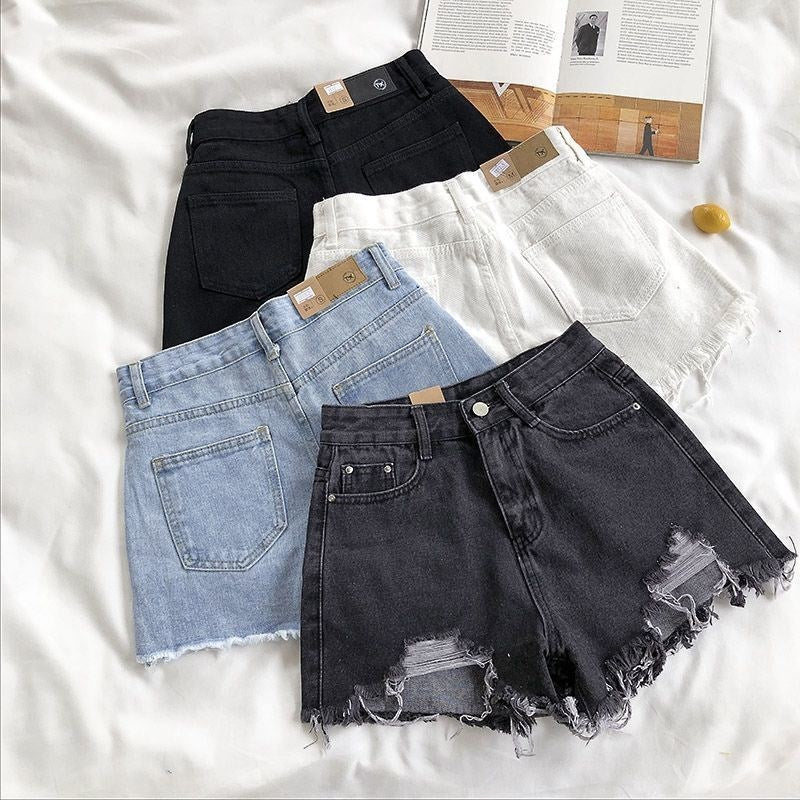 Denim Shorts Women's High Waist Loose Hole Wide Leg