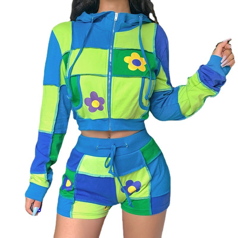 Patchwork Printed Cropped Coat Crop Hoodie