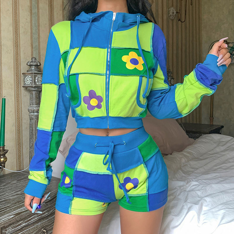 Patchwork Printed Cropped Coat Crop Hoodie