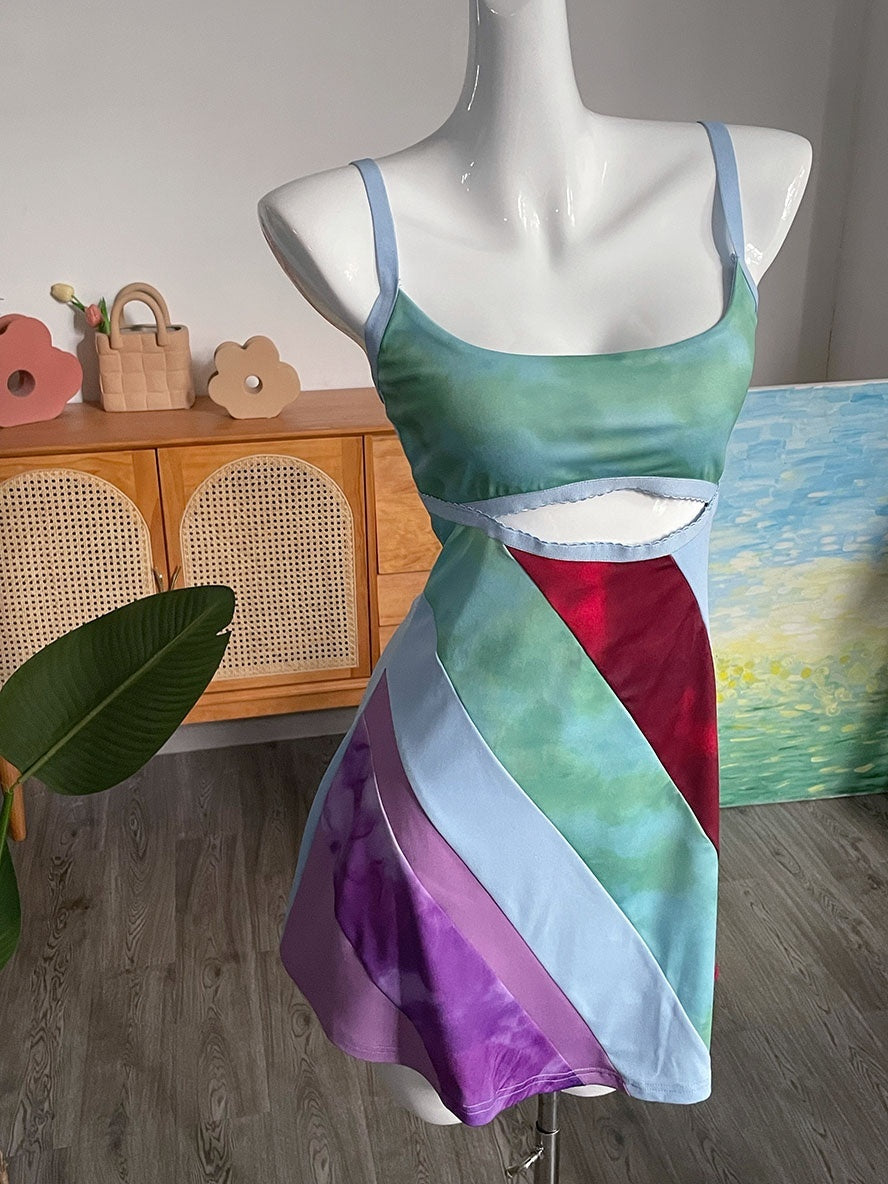 Front Cut Out Stripe Spaghetti Strap Sexy Rave Party Dresses