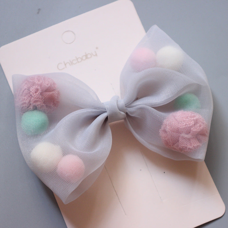 Colored Plush Ball Net Yarn Lace Bow Duckbill Clip Side Clip