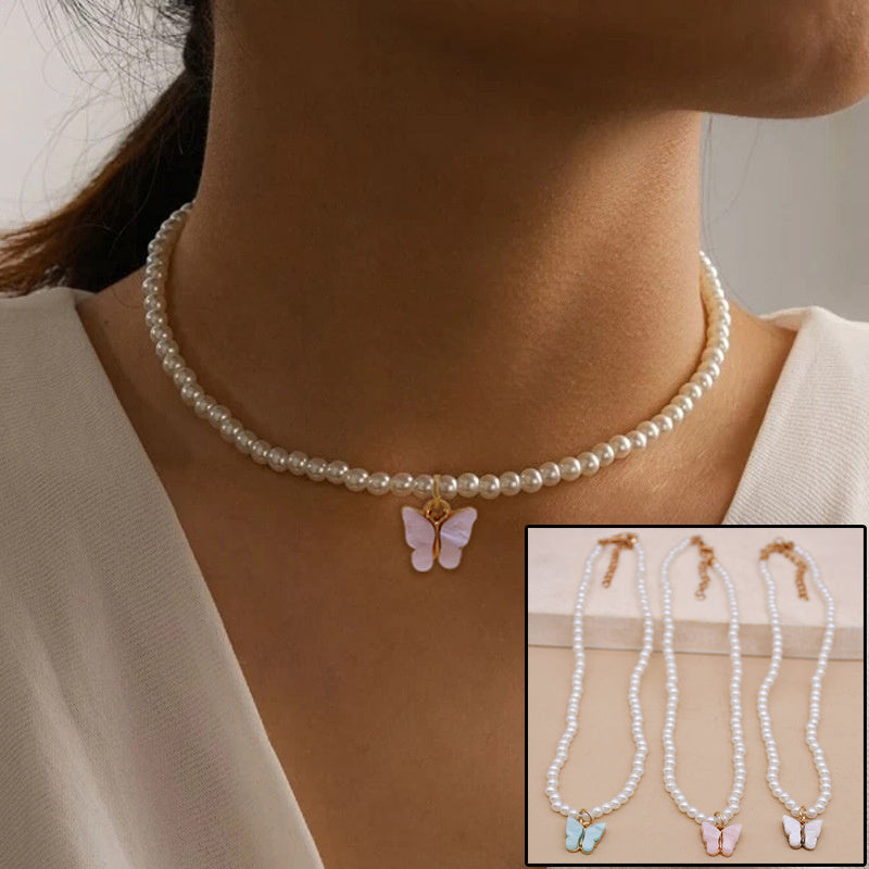 White Pearl Choker Butterfly Necklace For Women