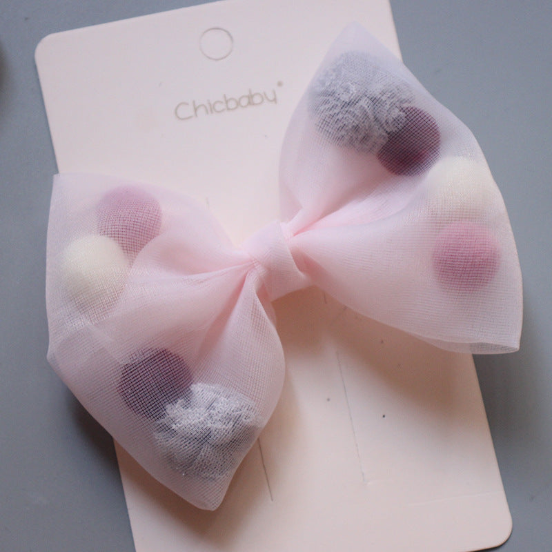 Colored Plush Ball Net Yarn Lace Bow Duckbill Clip Side Clip