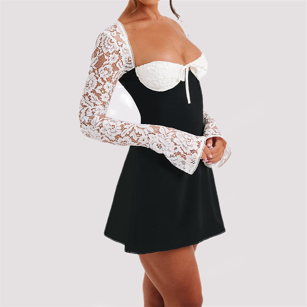 Fashion Corset Lace Long Sleeve Dress Sexy Y2K Backless Lace Up Short Dress