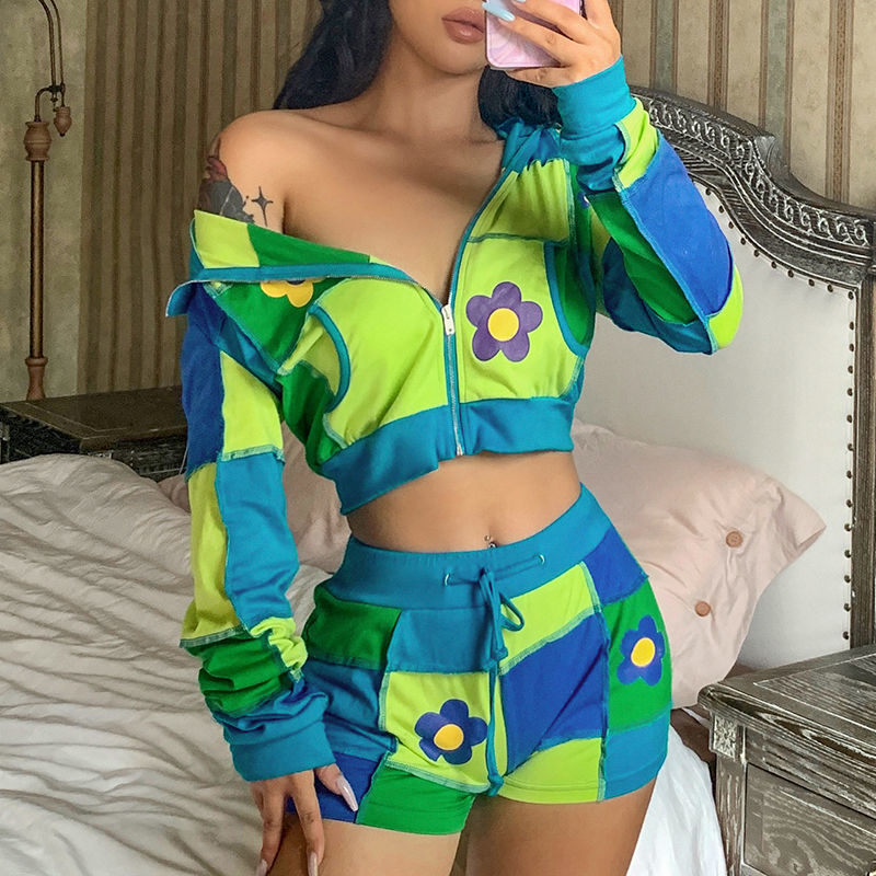 Patchwork Printed Cropped Coat Crop Hoodie