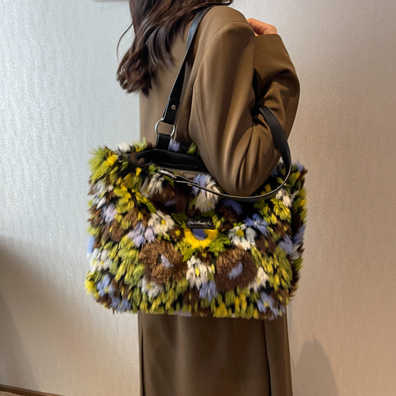 Winter Plush Flowers Shoulder Bag Handbag for Women