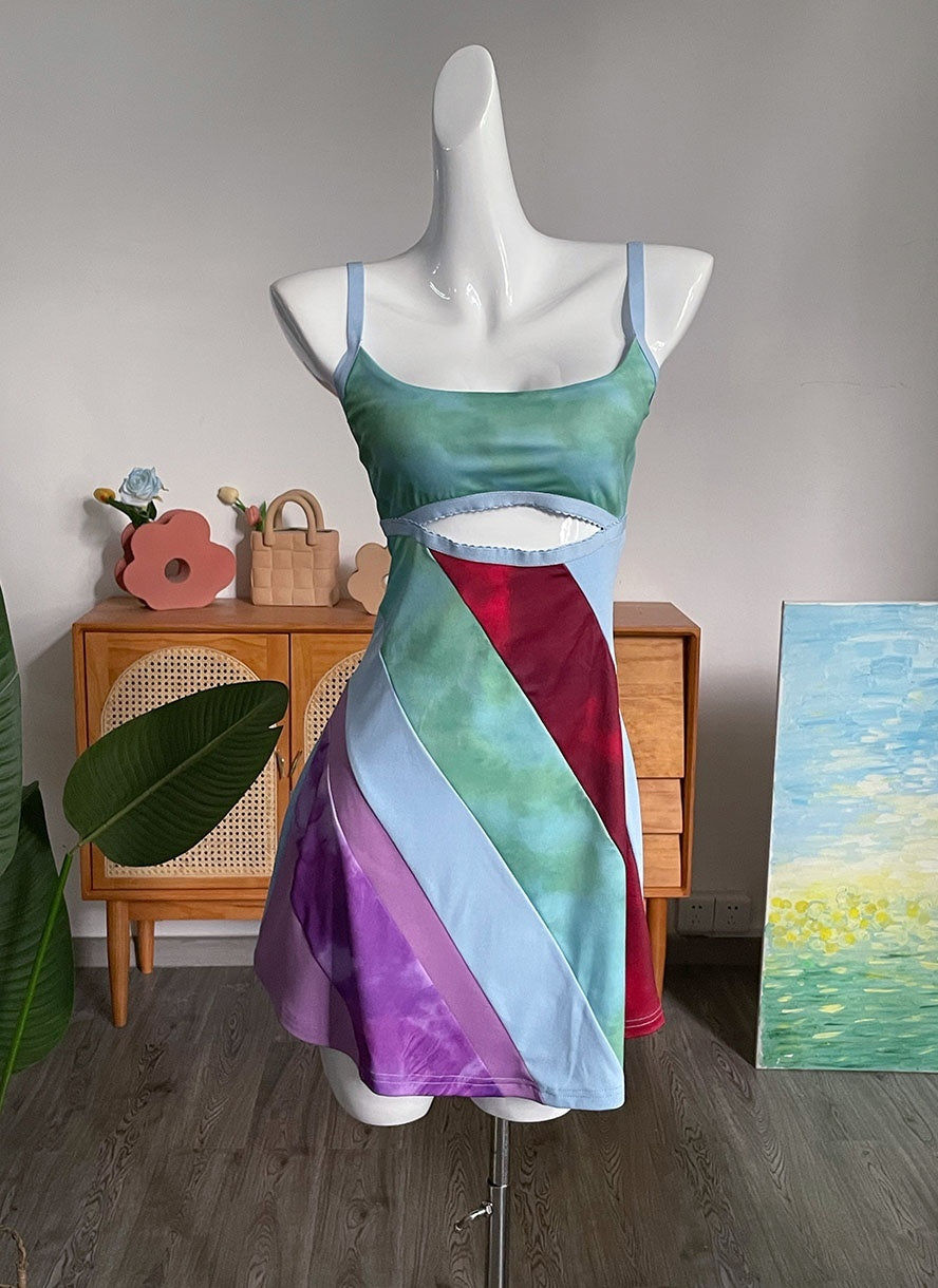 Front Cut Out Stripe Spaghetti Strap Sexy Rave Party Dresses
