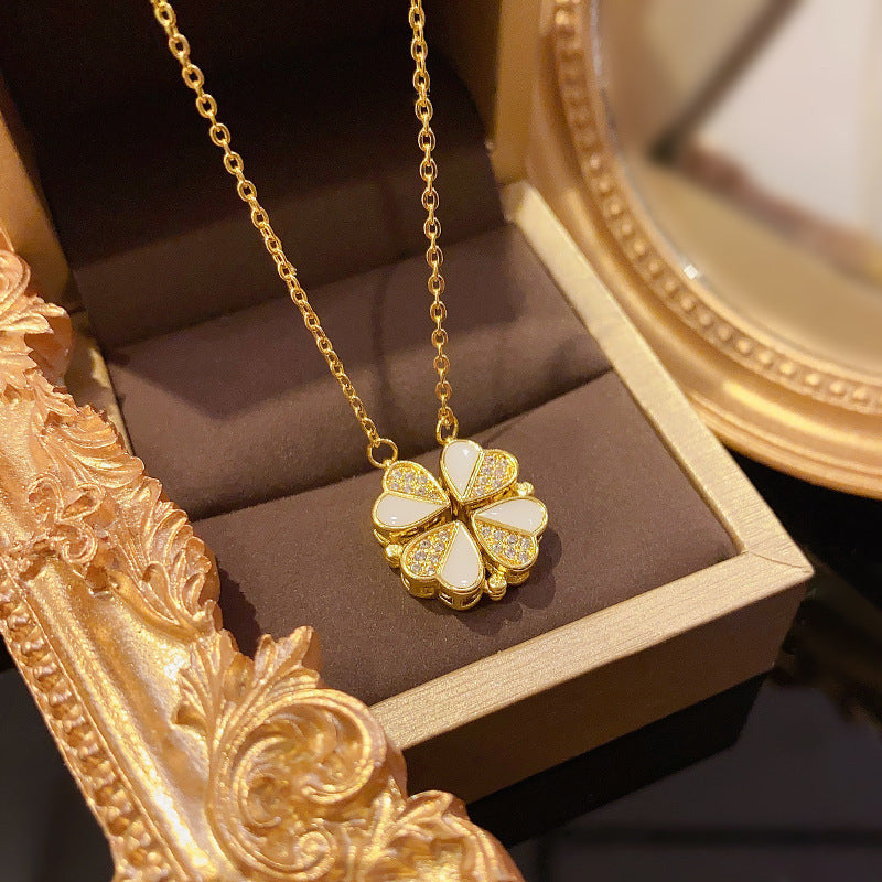 Luxury Four Leaf Clover Pendant Necklace Crystal Heart Jewelry For Women