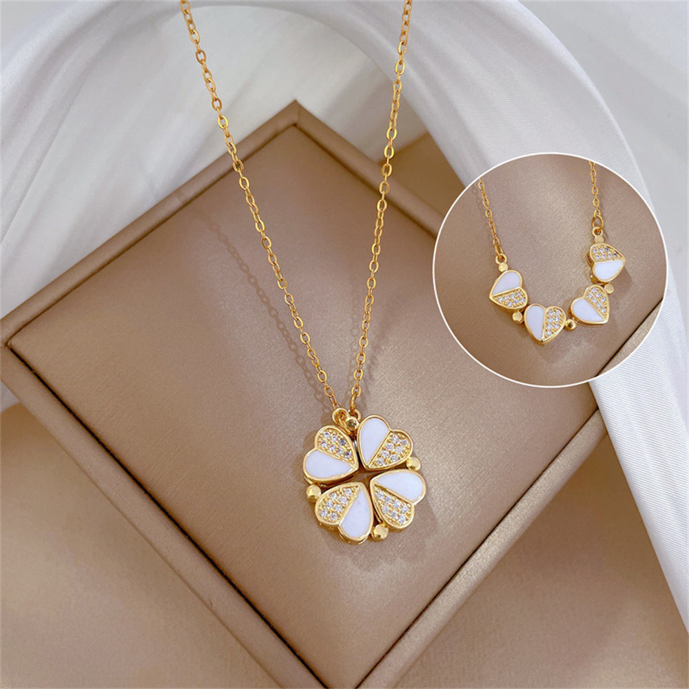 Luxury Four Leaf Clover Pendant Necklace Crystal Heart Jewelry For Women