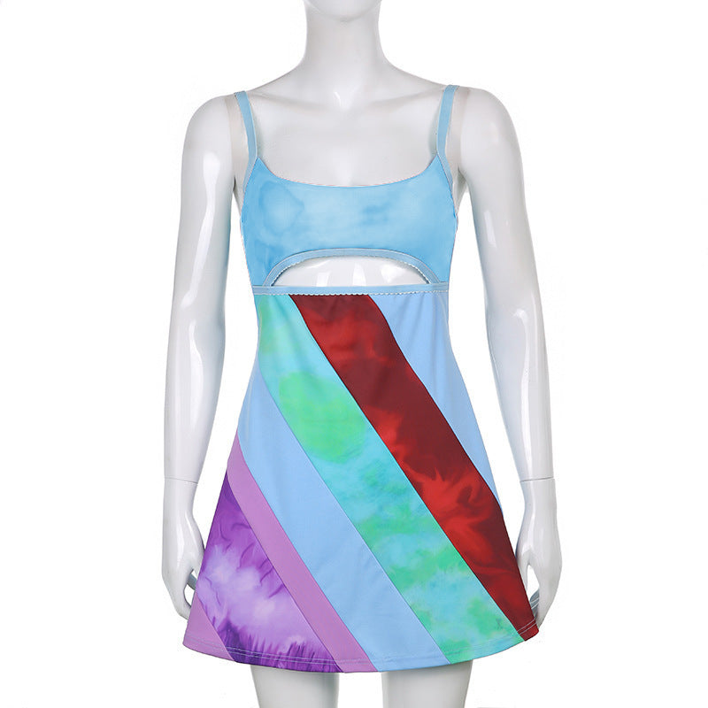 Front Cut Out Stripe Spaghetti Strap Sexy Rave Party Dresses