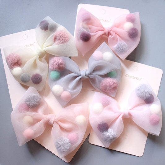Colored Plush Ball Net Yarn Lace Bow Duckbill Clip Side Clip