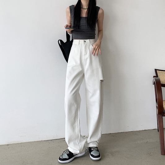 White Straight Cut Jeans Women's Summer New High Waist Slim Loose Drop Wide Leg Floor Pants