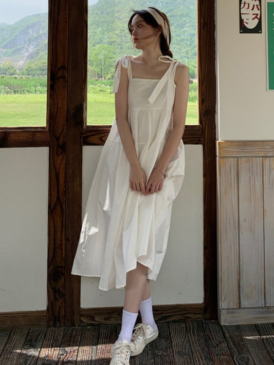 French Gentle Wind Fairy Skirt Lace-up Bow-knot Dress
