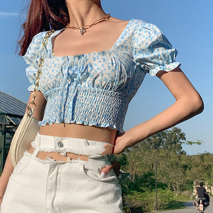 Butterfly Print Square Neckline Sleeve Crop Top