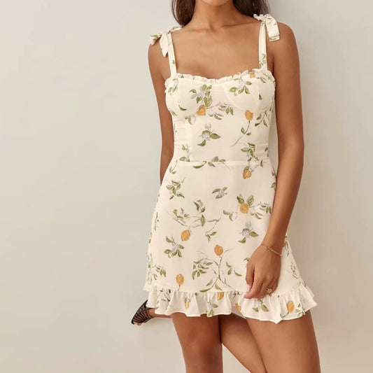 Lemon Print Ruffled Strap Dress