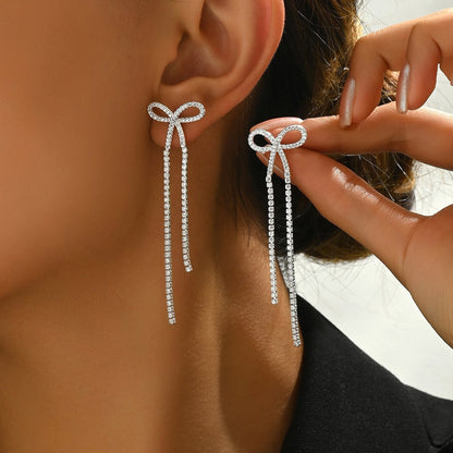 Women's Bridal Silver Bow Rhinestone Women's Pendant Earrings
