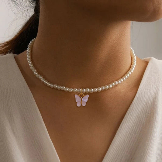 White Pearl Choker Butterfly Necklace For Women