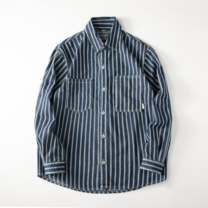 Retro Washed Striped Long Sleeve Denim Shirt