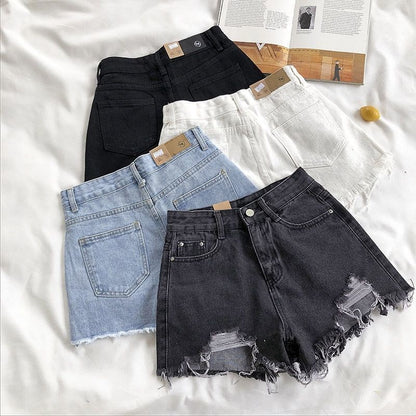 Denim Shorts Women's High Waist Loose Hole Wide Leg