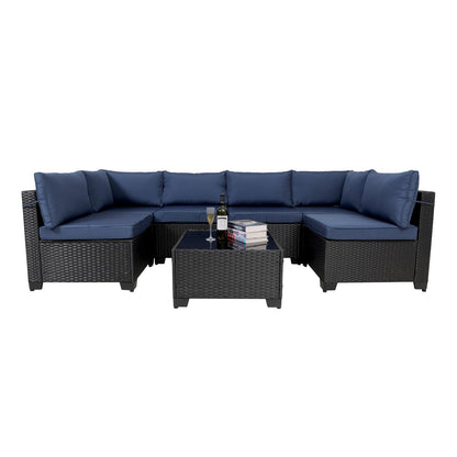 7 Pieces Outdoor Rattan Patio Sectional Set, Black Wicker Furniture Conversation Sets With Washable Cushions & Glass Coffee Table For Garden, Poolside, Backyard