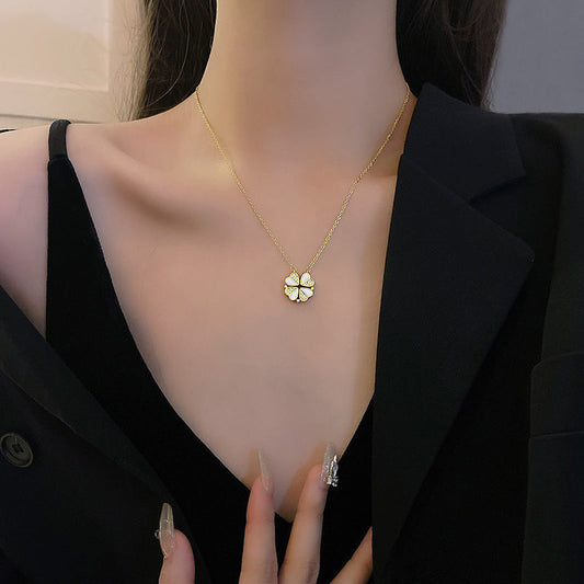 Luxury Four Leaf Clover Pendant Necklace Crystal Heart Jewelry For Women