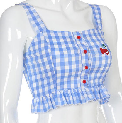 Blue plaid cherry embroidered camisole lace crop top