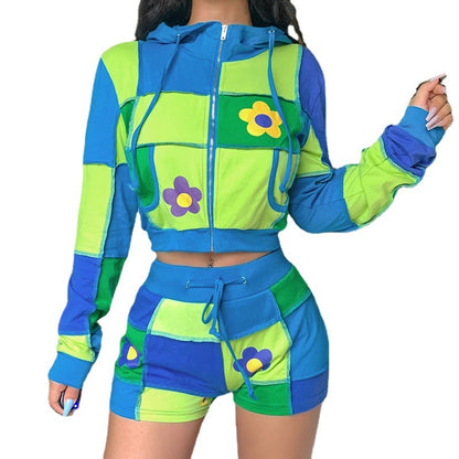 Patchwork Printed Cropped Coat Crop Hoodie