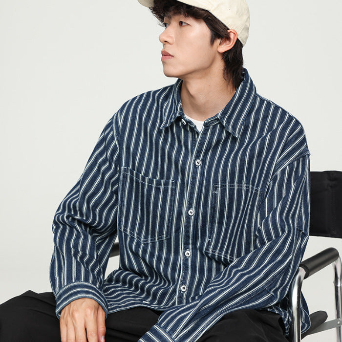 Retro Washed Striped Long Sleeve Denim Shirt