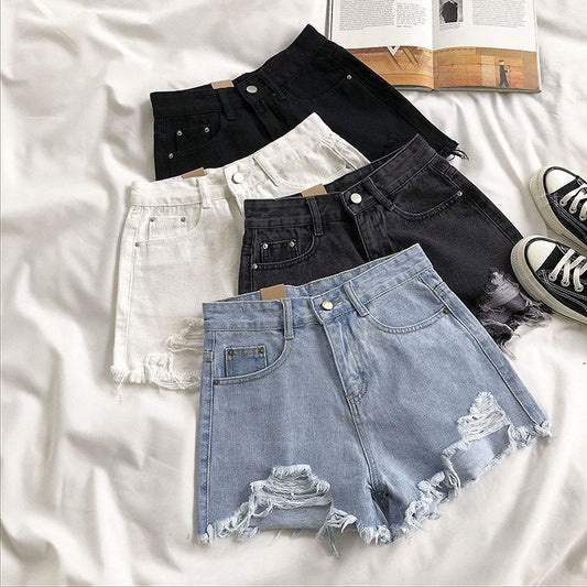 Denim Shorts Women's High Waist Loose Hole Wide Leg
