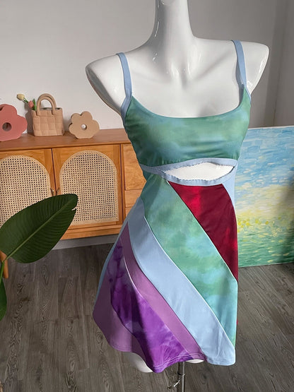 Front Cut Out Stripe Spaghetti Strap Sexy Rave Party Dresses