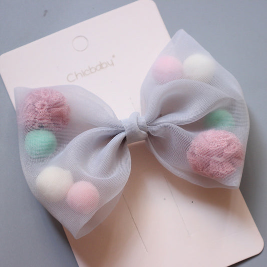 Colored Plush Ball Net Yarn Lace Bow Duckbill Clip Side Clip