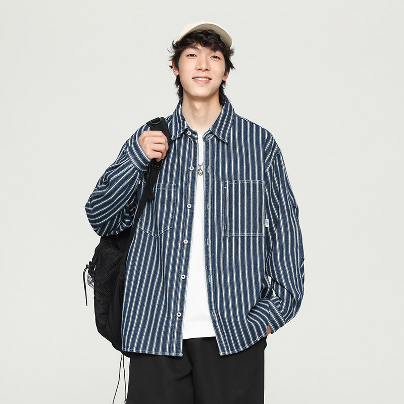 Retro Washed Striped Long Sleeve Denim Shirt