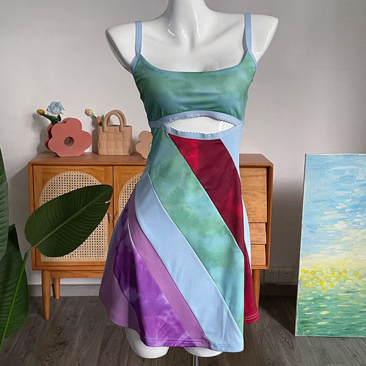 Front Cut Out Stripe Spaghetti Strap Sexy Rave Party Dresses