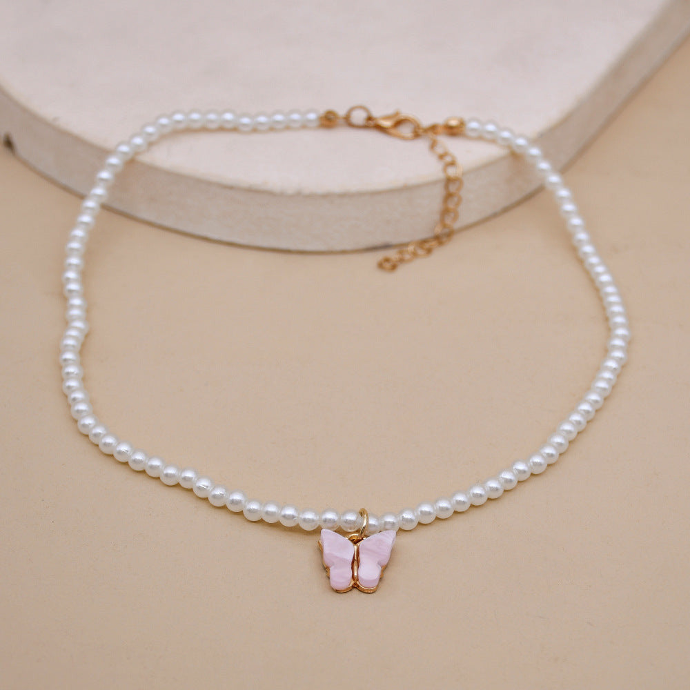 White Pearl Choker Butterfly Necklace For Women