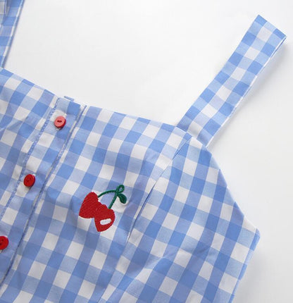 Blue plaid cherry embroidered camisole lace crop top