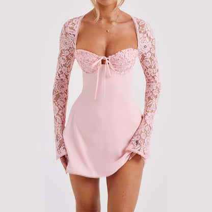 Fashion Corset Lace Long Sleeve Dress Sexy Y2K Backless Lace Up Short Dress