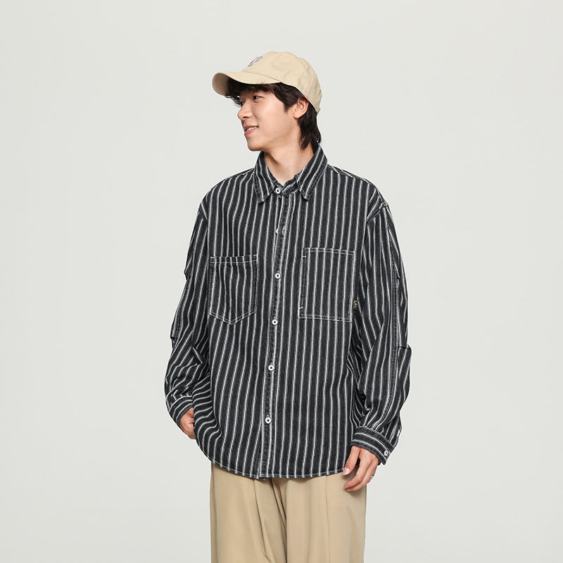 Retro Washed Striped Long Sleeve Denim Shirt