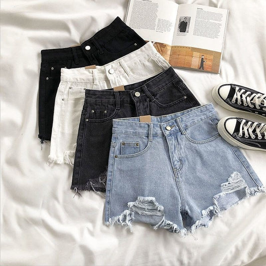 Denim Shorts Women's High Waist Loose Hole Wide Leg