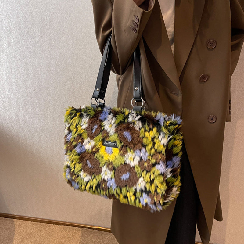 Winter Plush Flowers Shoulder Bag Handbag for Women